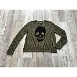 Hot Topic Social Collision Army Green Sweater Top With Black Skull Size S